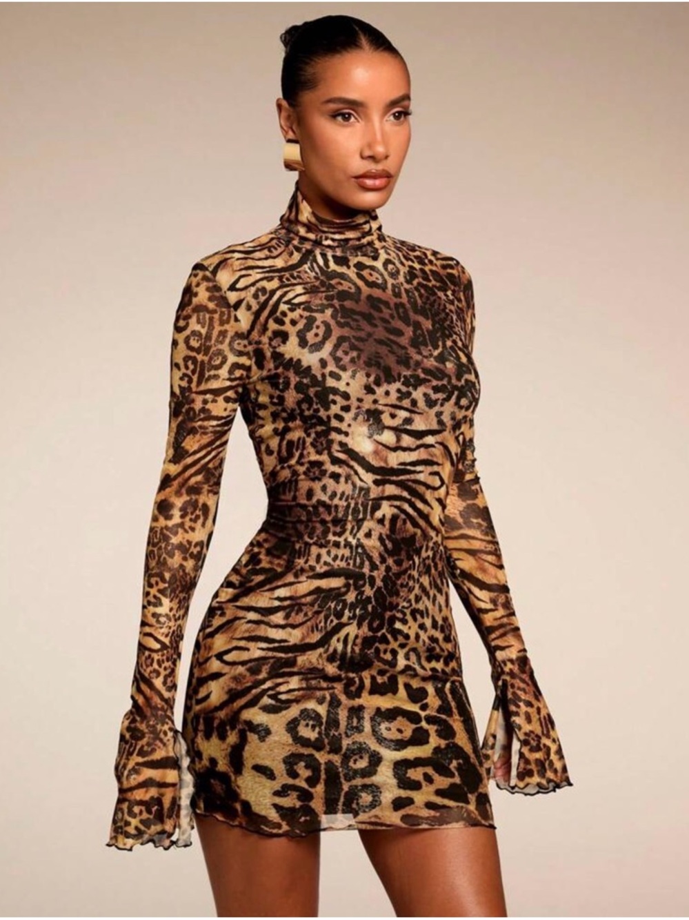 Cheetah  Print Long Sleeve Mini Dress - Brown